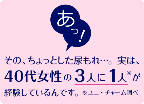 あっ!その、ちょっとした尿もれ…。 実は、40代女性の3人に1人※が経験しているんです。 ※ユニ・チャーム調べ
