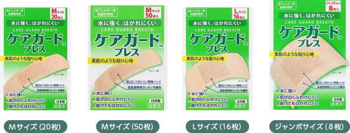 「NID ケアガードブレス」シリーズ Mサイズ（20枚） Mサイズ（50枚） Lサイズ（16枚） ジャンボサイズ（8枚）